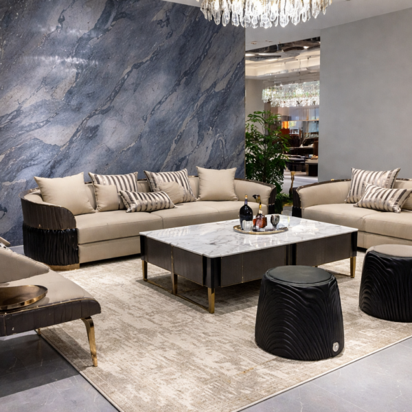 Two-Seat and Four-Seat Sofa, Solid Wood with Nappa Leather (Black Pattern) - Image 1