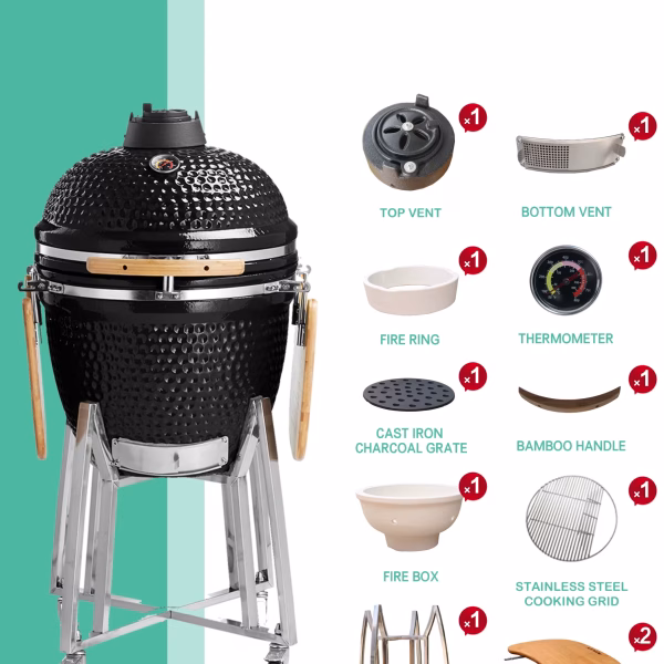21” Kamado Ceramic Grill with Trolley & Side Tables