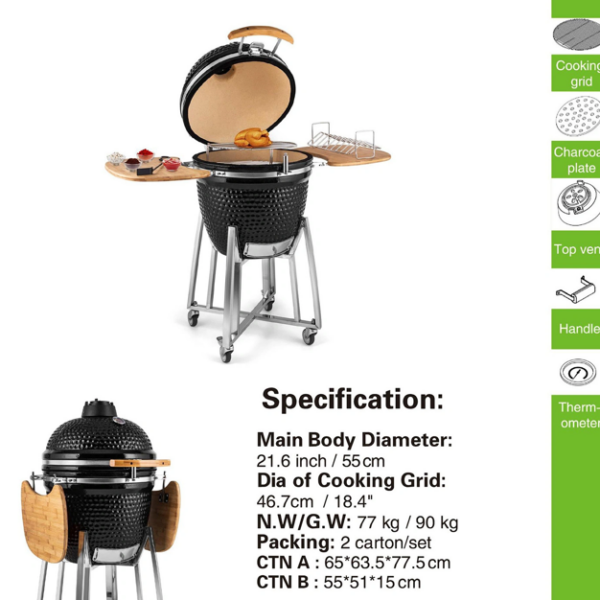 21” Kamado Ceramic Grill with Trolley & Side Tables - Image 2