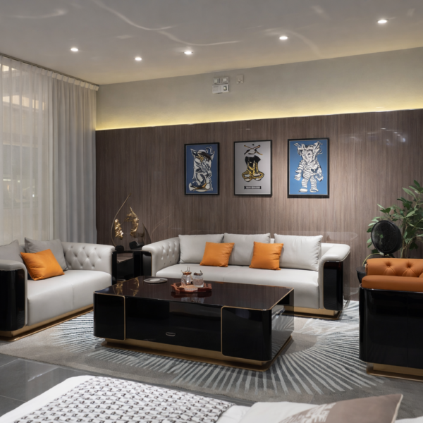 Single, Two-Seat, and Three-Seat Sofa, Solid Wood with Nappa Leather (Golden Thread Black Ebony) - Image 1