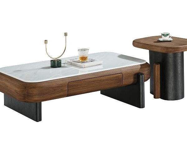 Walnut-Tone Nesting Coffee Table Set with Natural Stone Top – Model WT-93 - Image 1