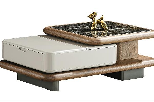 Walnut Finish Rotating Coffee Table with Luxury Stone Top – Model M08 - Image 1