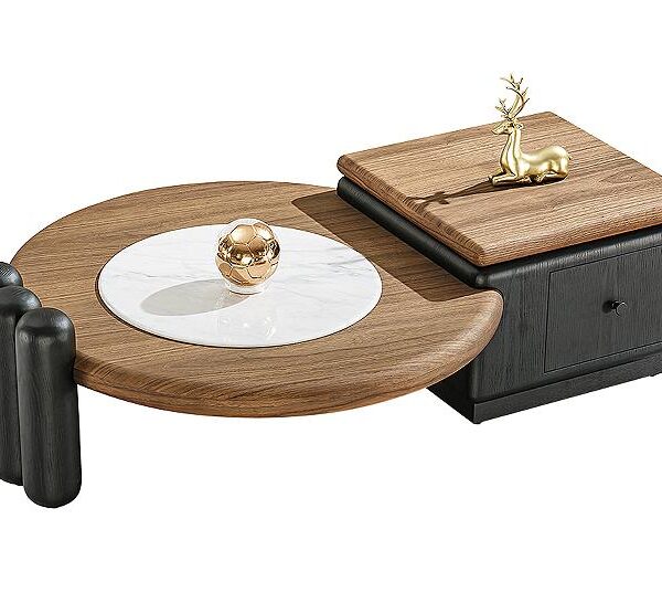 Walnut Veneer Round Coffee Table with Micro-Crystal Stone Top – Model WT-88 - Image 1