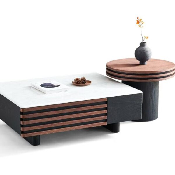 Walnut Veneer Nesting Coffee Table Set with Diamond White Natural Stone – Model J192 - Image 1