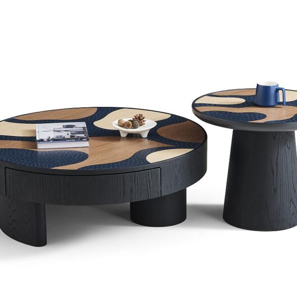 Black Wood Nesting Coffee Table Set with Parquet Top – Model 593 - Image 1