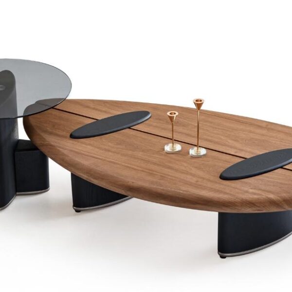 Walnut Veneer & Grey Glass Nesting Coffee Table Set with Black Base – Model 512 - Image 1