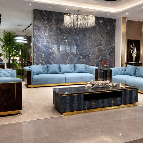 Four-Seat Sofa, Solid Wood with Suede Leather (Golden Thread Black Ebony Finish) - Image 1
