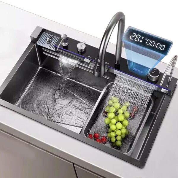 Smart Waterfall Kitchen Sink – SUS 304 Stainless Steel with Digital Display & Pull-Out Faucet